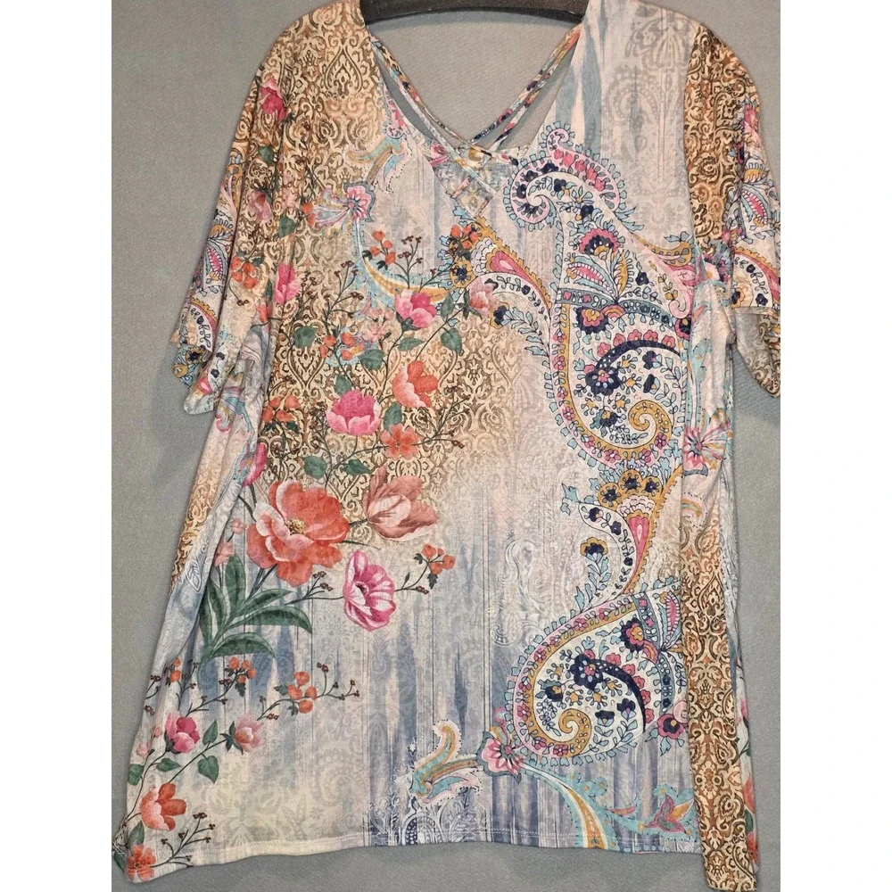 Catherines Womens 1X Mixed Floral Paisley Rhinestone Strappy Neck Tunic Top Pink - Picture 10 of 12